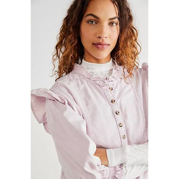 We The Free Women's 3/4 Sleeve Button Front Ruffle Louise Denim Top Size L Lilac - Picture 4 of 10